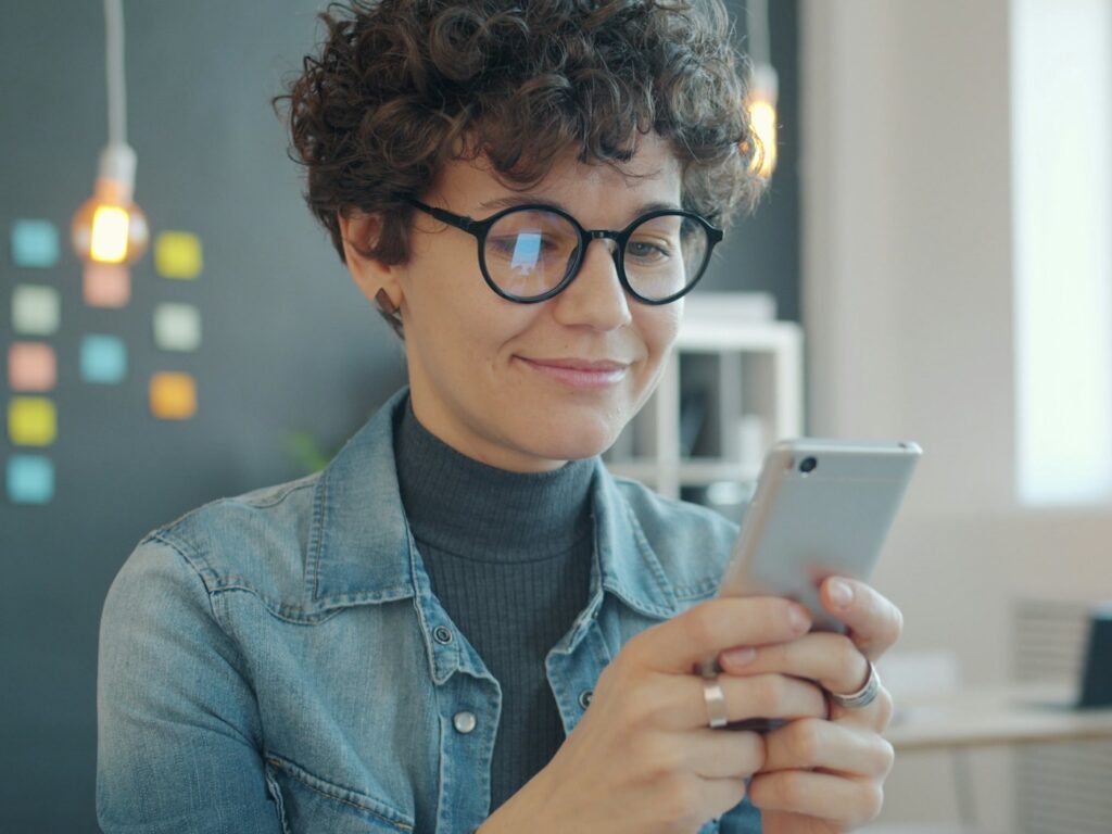 Woman smiling while looking at her smartphone